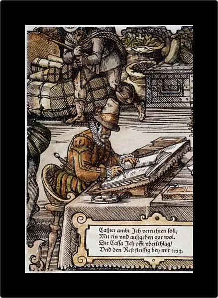 BOOKKEEPER, 16TH CENTURY. The keeper of accounts in a large merchants house: woodcut, German, 16th century