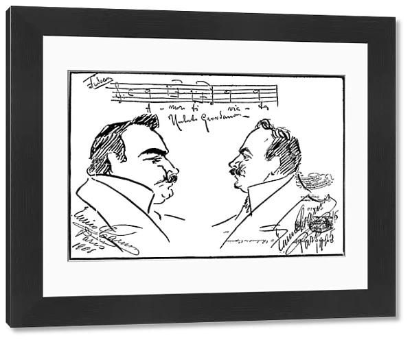 UMBERTO GIORDANO (1867-1948). Italian composer. Giordano, right, Enrico Caruso, and a few bars from Giordanos opera Fedora, of 1898, in which Caruso sang the role of Floris. Caricature, 1905, by Caruso, done on stationery from the Grand Hotel in Paris, France