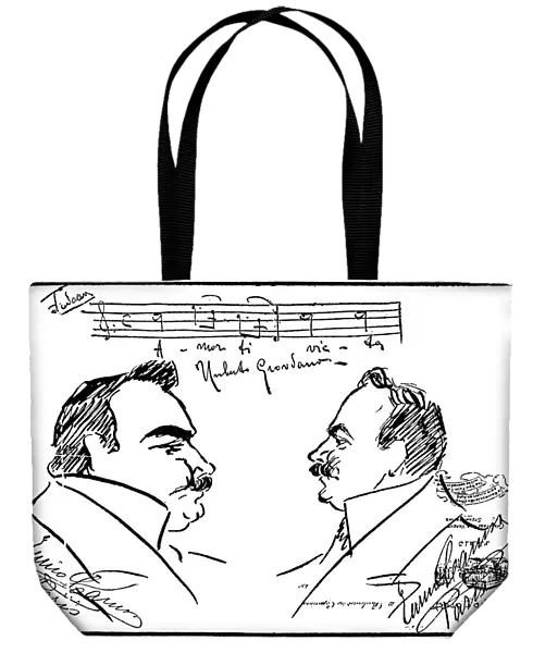 UMBERTO GIORDANO (1867-1948). Italian composer. Giordano, right, Enrico Caruso, and a few bars from Giordanos opera Fedora, of 1898, in which Caruso sang the role of Floris. Caricature, 1905, by Caruso, done on stationery from the Grand Hotel in Paris, France