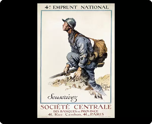 WORLD WAR I: FRENCH POSTER. French soldier climbing out of a trench. Lithograph poster, 1918, advertising the 4th National Defense Loan to support French troops in World War I
