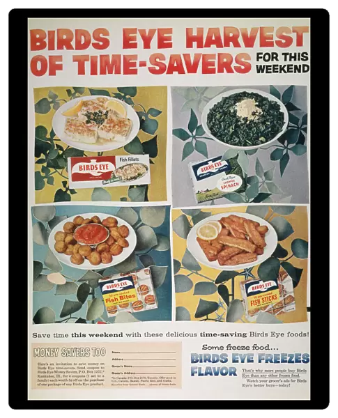 FROZEN FOOD AD, 1957. Some Freeze Food... Birds Eye Freezes Flavor. advertisement for Birds Eye frozen foods, from an American magazine, 1957