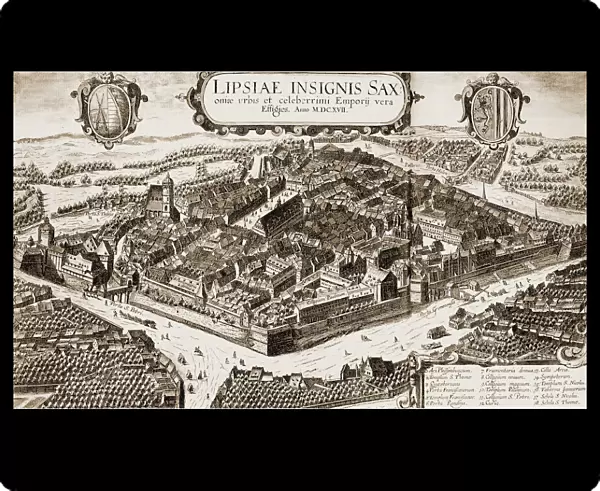 GERMANY: LEIPZIG. A view of Leipzig, Germany. Line engraving, German, 1617, by Braun-Hogenberg. St. Thomas Church is #2 on the left