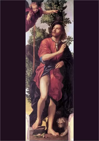 SAINT ROCH (c1350-c1379). French healer; patron saint of plague victims. Oil on canvas, 1518, by Paolo Morando