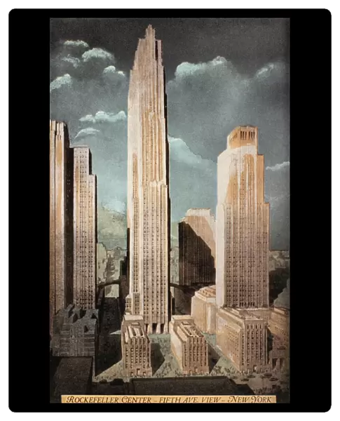 ROCKEFELLER CENTER. Rendering of the Rockefeller Center complex, built in Manhattan between 1930 and 1939. American postcard, early 1930s