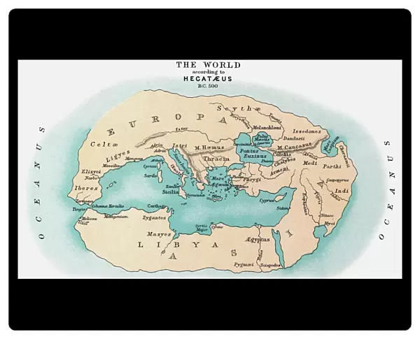 WORLD MAP: 500 B. C. Map of the world, c500 B. C. according to the writings of Hecataeus of Miletus, the reputed author of Travels around the World: a 19th