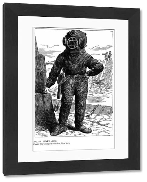 DIVER, c1870. An underwater diver in full diving-gear. Line engraving, c1870