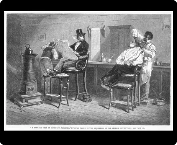 BLACK BARBER, 1861. Wood engraving, 1861, after a painting by the English artist, Eyre Crowe, who was William M. Thackerays secretary during the writers American tour of 1852-53