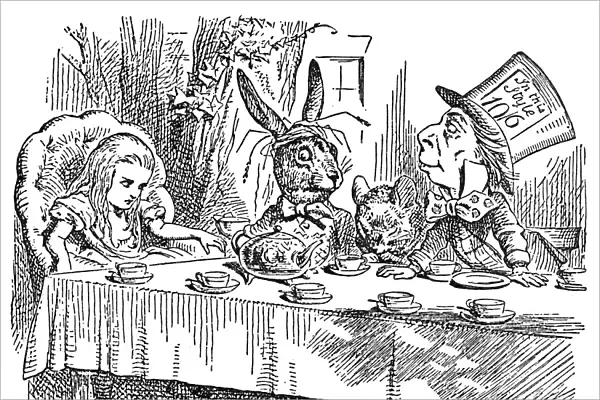 CARROLL: ALICE, 1865. Alice joins the March Hare, the Hatter, and the Dormouse for a Mad Tea Party. Wood engraving after Sir John Tenniel from the first edition of Lewis Carrolls Alices Adventures in Wonderland, 1865