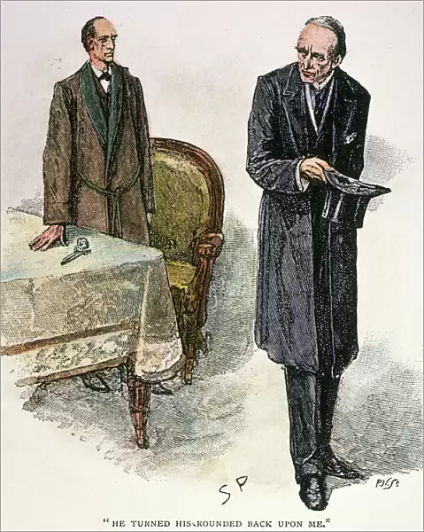DOYLE: SHERLOCK HOLMES. Sherlock Holmes (left) concludes an interview with the Napoleon of crime, Professor Moriarty. Wood engraving after a drawing by Sidney Paget for Sir Arthur Conan Doyles The Adventure of the Final Problem, 1893