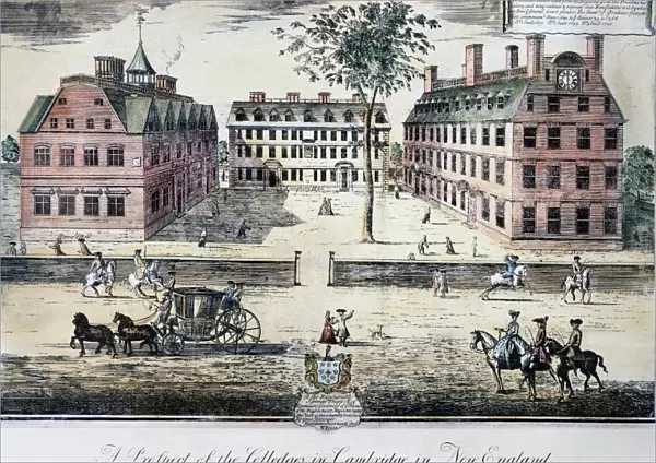 HARVARD COLLEGE, c1725. Harvard, as it appeared c1725. Color engraving, 1740, by William Burgis