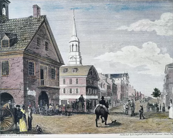SECOND ST. PHILADELPHIA. Second Street, north from Market Street, with Christ Church, Philadelphia. Color line engraving, 1799, by William Birch & Son