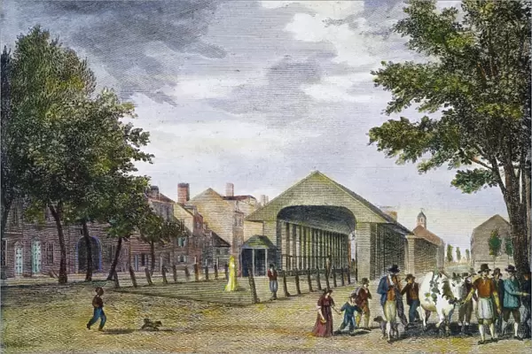 PHILADELPHIA MARKET, 1799. New Market in South Second Street, Philadelphia. Color engraving, 1799, by William Birch & Son