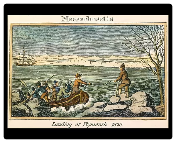 PLYMOUTH ROCK: LANDING. The Landing of the Pilgrims on Plymouth Rock in December 1620: colored engraving, American, 1829