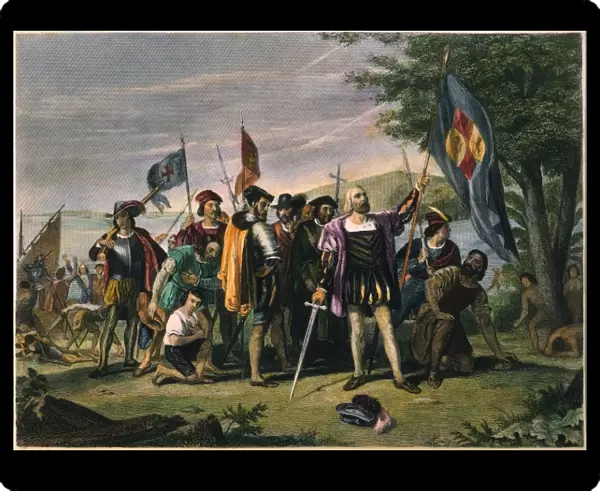 COLUMBUS: SAN SALVADOR. The landing of Columbus at San Salvador (Guanahani) in the Bahamas, 12 October 1492. Steel engraving, 19th century, after the painting by John Vanderlyn