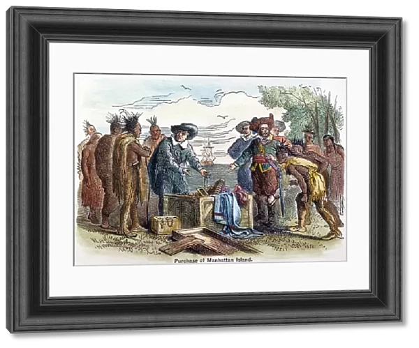 MANHATTAN PURCHASE, 1626. Peter Minuit (1580-1638) Dutch colonial official in America. Peter Minuits purchase of Manhattan Island, 1626. Colored engraving, 19th century