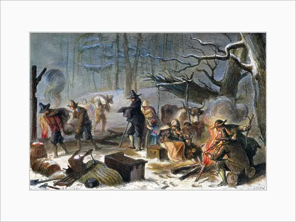 PILGRIMS: FIRST WINTER, 1620. The first winter of the Pilgrims in Massachusetts, 1620: colored engraving, 19th century