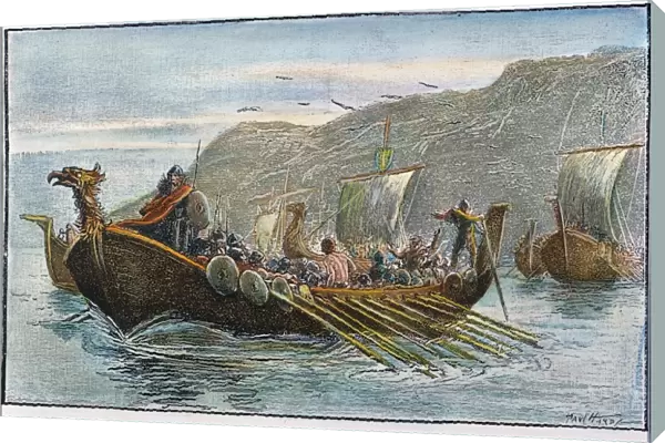 NORSE SHIPS, c1000 A. D. Norsemen on the coast of America. Wood engraving, American, late 19th century