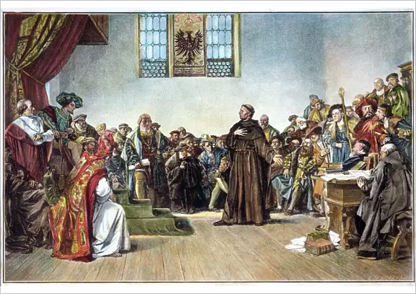 MARTIN LUTHER (1483-1546). German religious reformer. Luther defends himself before Holy Roman Emperor Charles V at the Diet in Worms, 17-18 April 1521. Line engraving, 19th century