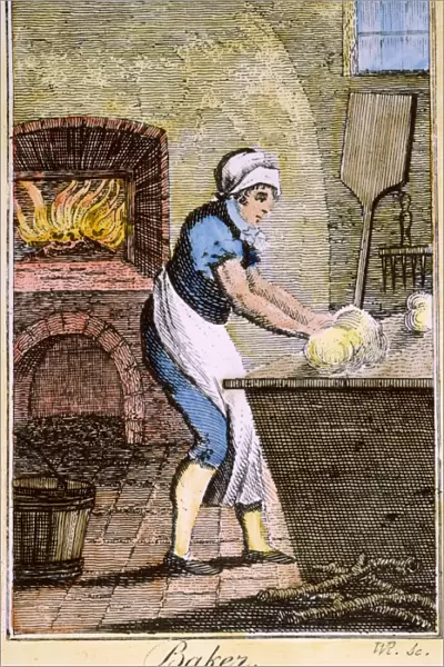 COLONIAL BAKER, 18th C. A colonial American baker. Color line engraving, late 18th century