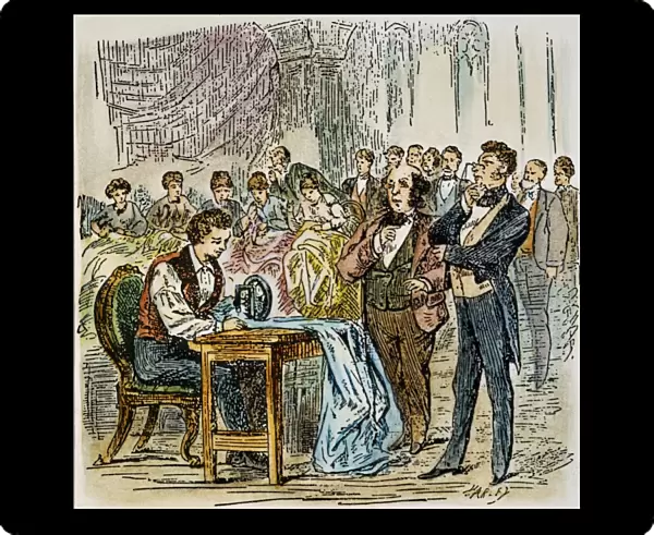 ELIAS HOWE, 1845. Elias Howe competing with his sewing machine and winning against five seamstresses at Boston in 1845. Colored wood engraving