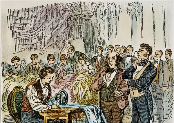ELIAS HOWE, 1845. Elias Howe competing with his sewing machine and winning against five seamstresses at Boston in 1845. Colored wood engraving