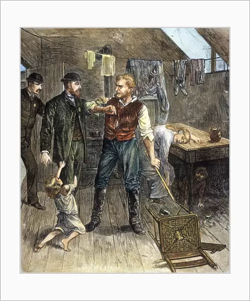 NYC TENEMENT LIFE, 1882. Officers of the Society for the Prevention of Cruelty to Children intervening: colored engraving, 1882
