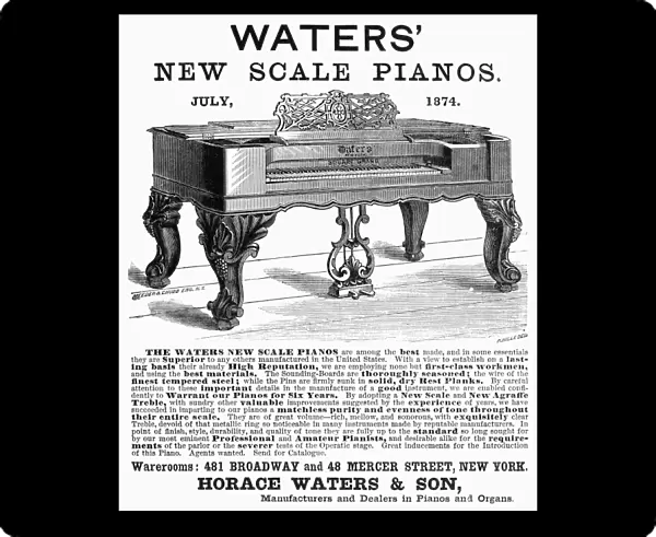 PIANO ADVERTISEMENT, 1874. American newspaper advertisement, 1874, for Horace Waters pianos