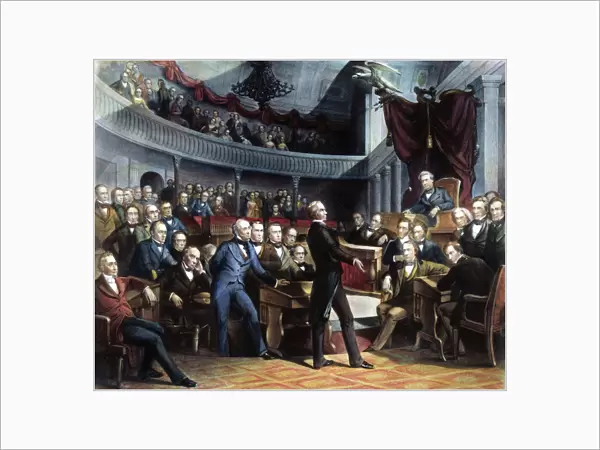 HENRY CLAY, 1850. Henry Clay offering his California Compromise to the Senate on 5 February 1850. Contemporary engraving after the painting by Peter Frederick Rothermel