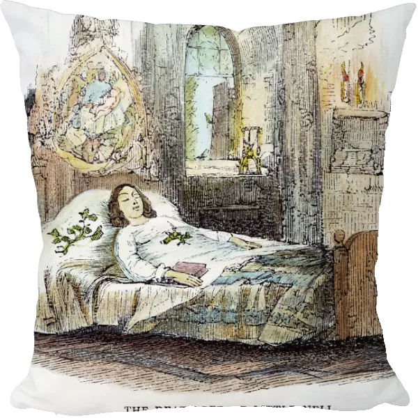 OLD CURIOSITY SHOP. Little Nell on her deathbed. Color wood engraving, 19th century, for Charles Dickenss The Old Curiosity Shop