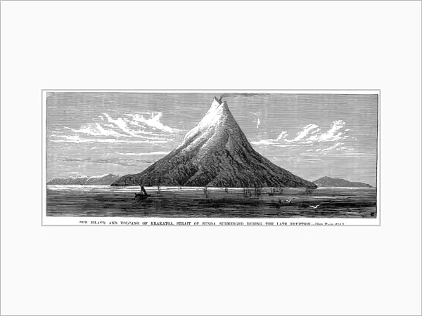 VOLCANOES: KRAKATOA, 1883. Krakatoa, in the Sunda Strait between Sumatra and Java, as it appeared shortly before the eruption of 27 August 1883, in which about two-thirds of the island was blown away. Contemporary wood engraving