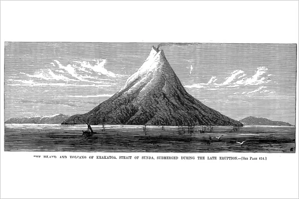 VOLCANOES: KRAKATOA, 1883. Krakatoa, in the Sunda Strait between Sumatra and Java, as it appeared shortly before the eruption of 27 August 1883, in which about two-thirds of the island was blown away. Contemporary wood engraving
