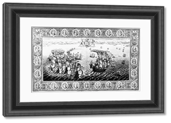 SPANISH ARMADA, 1588. The Spanish Fleet against Fowey, drawn up in the form of a half moon, and the English fleet pursuing. The defeat of the Spanish Armada, The Second Day. Line engraving with portraits of English commanders along the border, English, 1739