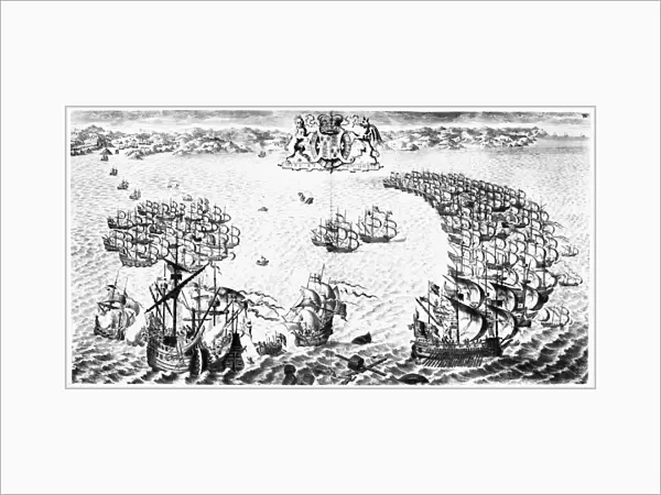 SPANISH ARMADA, 1588. DeValdezs Galleon springs her foremast and is taken by Sir Francis Drake. The Lord Admiral with the Bear and Mary Rose pursue the enemy who are in the form of a half moon. The defeat of the Spanish Armada, the Fourth Day. Line engraving, English, 1739