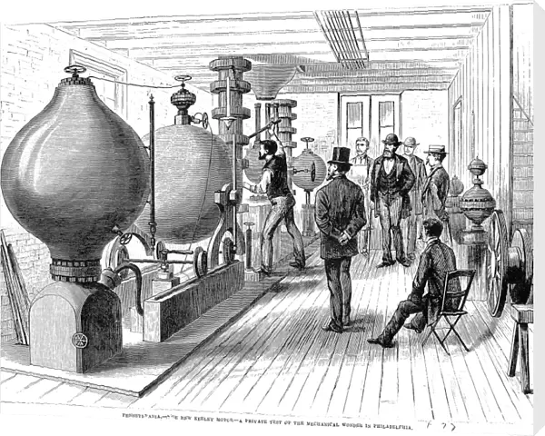 THE KEELY MOTOR, 1877. Pennsylvania- The new Keely motor - A private test of the mechanical wonder in Philadelphia. The most celebrated perpetual-motion machine fraud of the 19th century. Wood engraving from an American newspaper