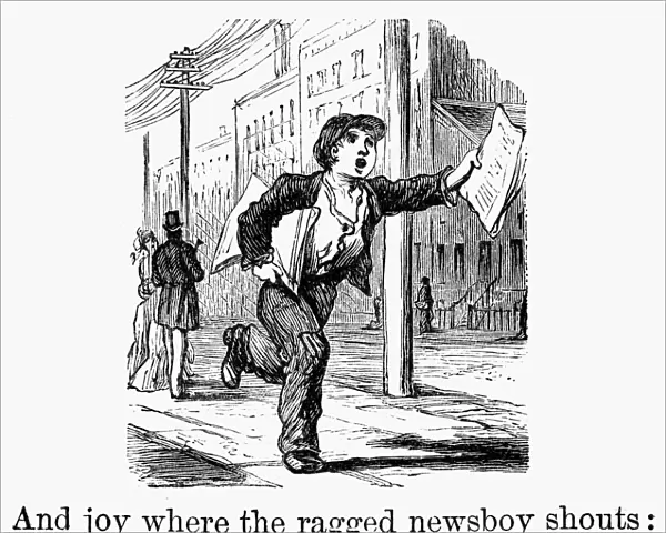 AMERICAN NEWSBOY, c1870. And joy where the ragged newsboy shouts: Great news by telegraph! Wood engraving, American, c1870