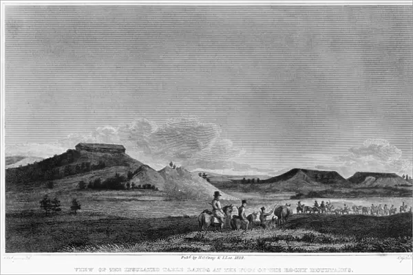 ZEBULON PIKE EXPEDITION. View of the broken table lands seen by Zebulon Pike on his second expedition west in 1806, as his party approached the Front Range of the Rocky Mountains. Line engraving, American, 1822, from a published account of Stephen H. Longs expedition to the same area in 1819-20