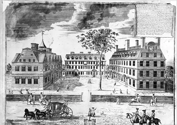 HARVARD UNIVERSITY. Line engraving, 1740, by William Burgis, depicting Harvard as it was about 1725-26