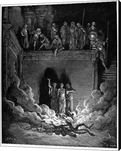 JEWS IN FIERY FURNACE. Shadrach, Meshach, and Abednego in the fiery furnace at Babylon (Daniel 3: 20-26). Wood engraving, 19th century, after Gustave Dor