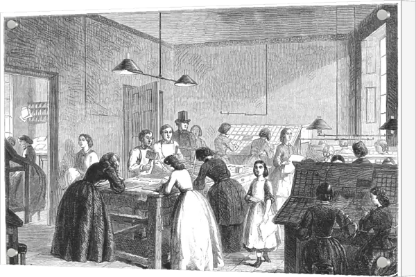 LONDON: PRINTING OFFICE. The Victoria Press in Great Coram Street, London, England, for the employment of women as compositors. Wood engraving, English, 1861