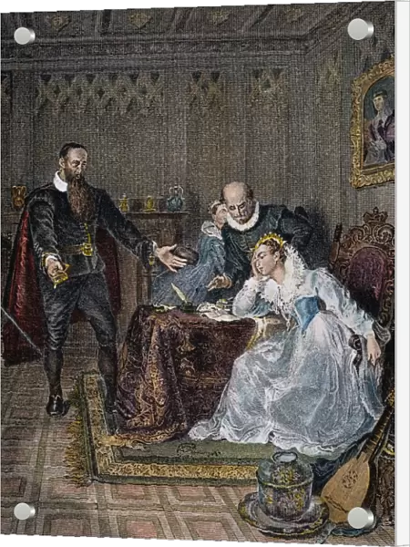 JOHN KNOX (1513-1572). Scottish religious reformer. Disputing with Mary, Queen of Scots, concerning her wish to marry the Spanish prince Don Carlos and keep Scotland Catholic. Steel engraving, 19th century