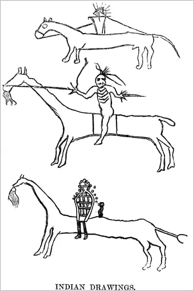 UTES: DRAWING, 1879. Ute Native American drawings of warriors on horseback. Wood engraving, American, 1879