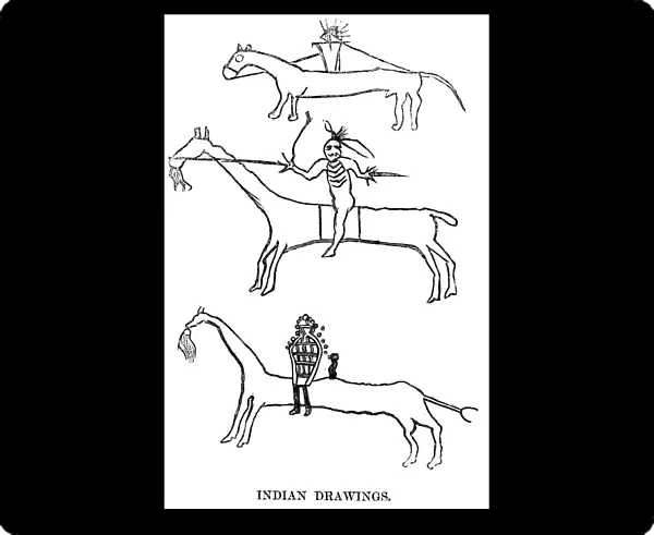 UTES: DRAWING, 1879. Ute Native American drawings of warriors on horseback. Wood engraving, American, 1879