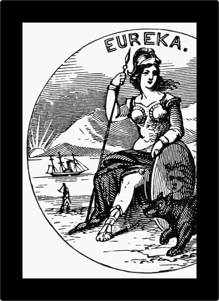 CALIFORNIA STATE SEAL. The state seal of California, featuring the state motto, Eureka (I have found it). Line engraving, 19th century