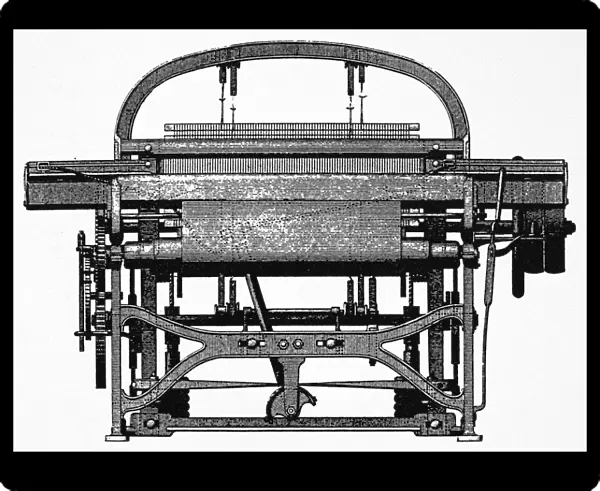 HORROCKSs POWER LOOM. Front view of William Horrockss power loom, developed in the early 19th century and used in the factories of Lowell, Massachusetts. Engraving, 19th century