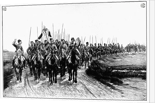 RUSSO-TURKISH WAR, 1877-78. The Cossack Imperial Guard leading the advance into Turkey. Line engraving, 19th century
