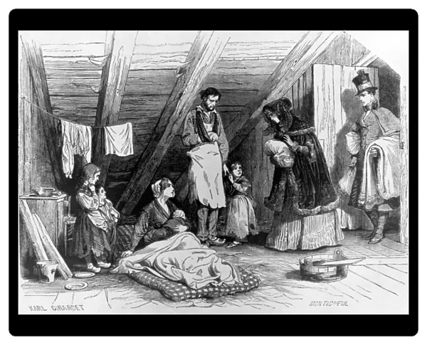 PARIS: CHARITY IN A GARRET. Wood engraving, French, 1844, after Karl Girardet