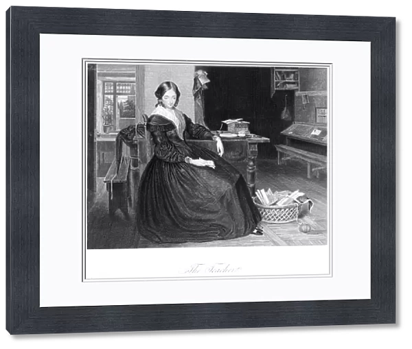 THE TEACHER. 1843. Steel engraving, 1843, by W. H. Ellis for Godeys Lady Book