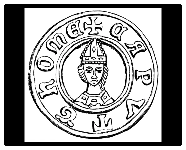 THOMAS A BECKET (1118-1170). English prelate. Engraving of a pin bearing the attributes of Saint Thomas worn by pilgrims to Canterbury in the Middle Ages