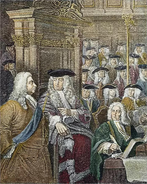 SIR ROBERT WALPOLE (1676-1745). 1st Earl of Orford, left, at the entry to the House of Commons with the Speaker, Arthur Onslow: engraving after William Hogarth and Sir James Thornhill