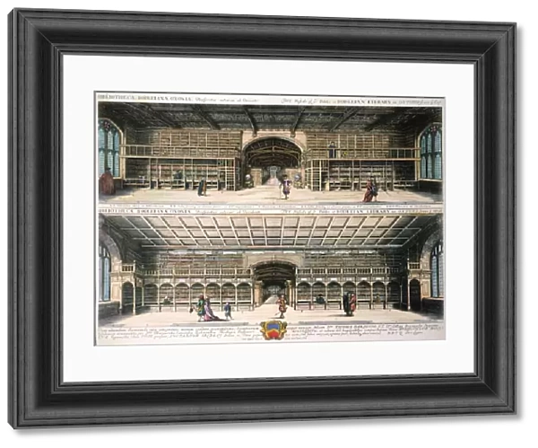 OXFORD: BODLEIAN LIBRARY. Interior of the Bodleian Library at Oxford University. Colored engraving, 1675, by David Loggan